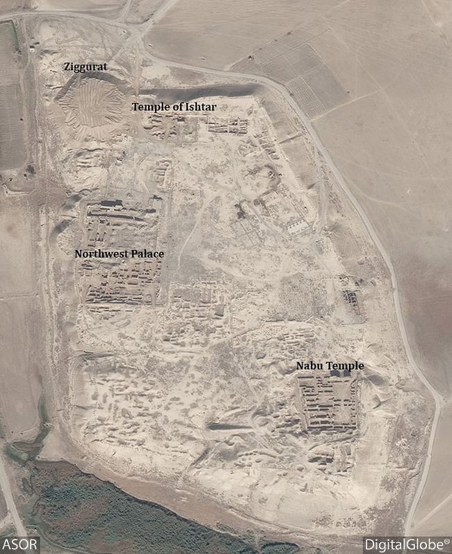 This DigitalGlobe satellite photo from November 4, 2016 shows the extend of destruction with heavy machinery tracks in Nimrud's Temple of Ishtar and the area where the Ziggurat ruin once stood. Image via ASOR Cultural Heritage Initiatives Facebook page.