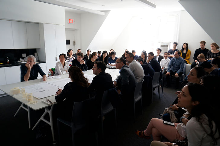 Enrique Walker Spring 2015 studio final review, with jury Bernard Tschumi, Mimi Hoang, Karla Rothstein, Andres Jaque, Phu Hoang, and Iñaki Carnicero. Photo courtesy of Columbia GSAPP.