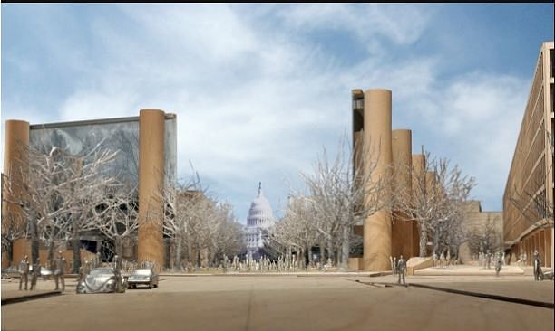 artist rendering, provided by the Eisenhower Commission on Oct. 6, 2011, shows an updated model showing the Maryland Avenue vista and promenade for the national memorial in Washington for President Dwight D. Eisenhower. via AP