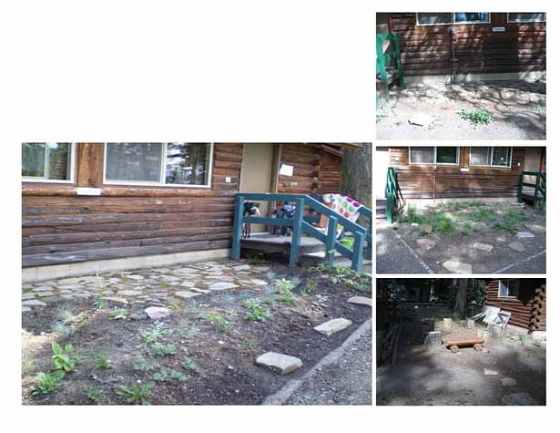 The cabins were in need of vegetation because much of the soil had been eroded. It was estimated that about 12 inches of soil has been lost other the years. In addition to erosion control, plants were needed to absorb rainfall from the roof. To change this we made improvements such as adding topsoil and laying down natural pavers collected from Brundage Mountain. The vegetation was planted with a couple feet between it and the cabin walls.