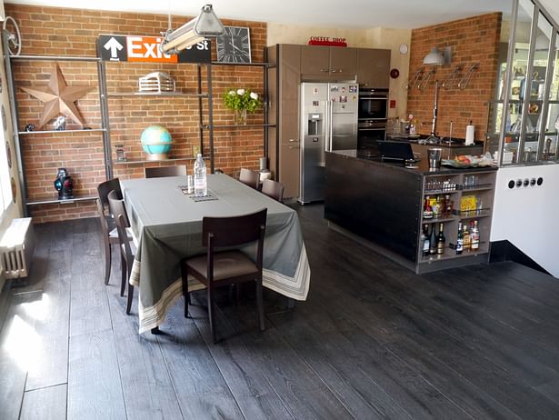 dining home industrial interior design reclaimed wood bricks renovation 