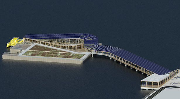 Harlem Piers Farm proposal, Southeast aerial Perspective: The southeast aerial view with its integrated photovoltaic and thermal solar panels, water collecting greenhouse roof, water taxi station and bike rental.