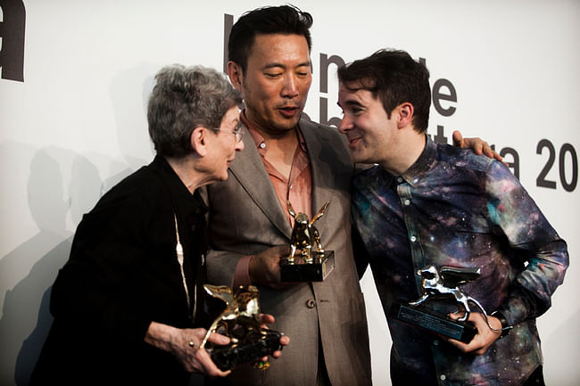 From L to R: Phyllis Lambert, Minsuk Cho, and Andrés Jaque holding their respective Golden Lion and Silver Lion awards at the 2014 Venice Biennale awards ceremony. Photo: Rondinella