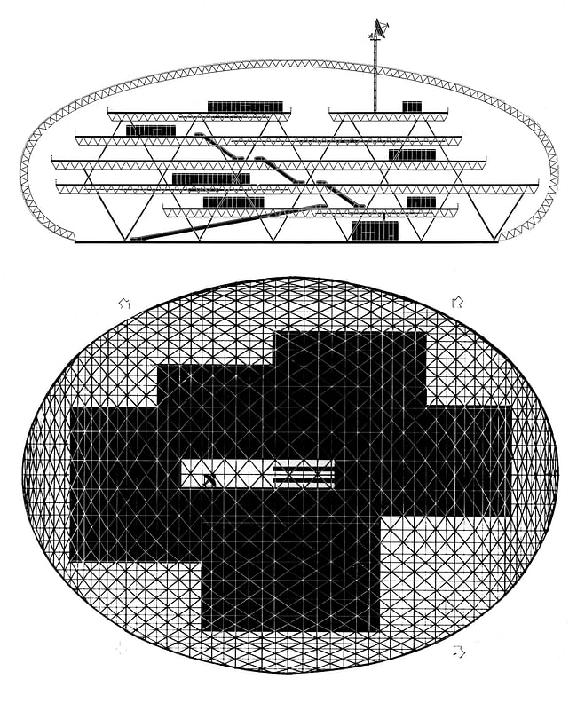 View full image + The section and plan of the Climatroffice project (1971) show how the Foster firm reconceptualized the platforms, escalators, and enclosure of the U.S. Pavilion as elements in a freestanding climate-controlled office building. Courtesy of Foster + Partners.