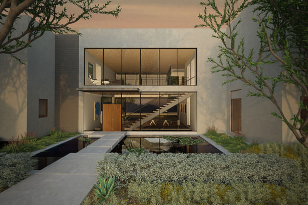Front elevation. Main entrance through gardens and over a koi pond. Full height glass windows reveal the main living space.