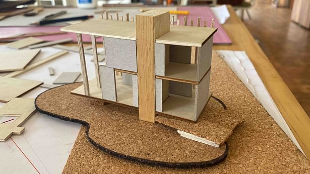 1:125 hand-built model of the westernmost residence for architect's continuing design development studies