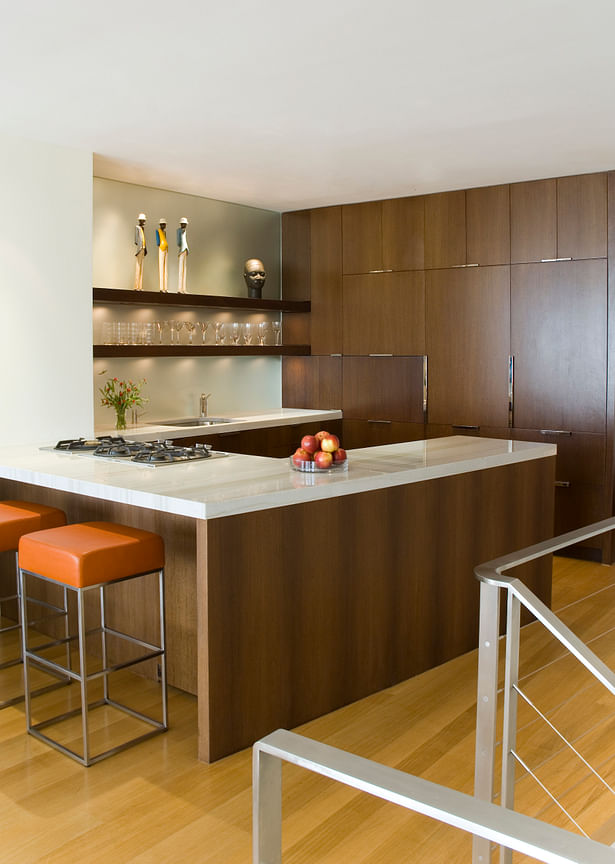 The open kitchen was designed to reinforce the modern aesthetic vision for the apartment without sacrificing function. 