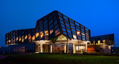 E3MG campus, Moanda, Gabon, night view of the main building