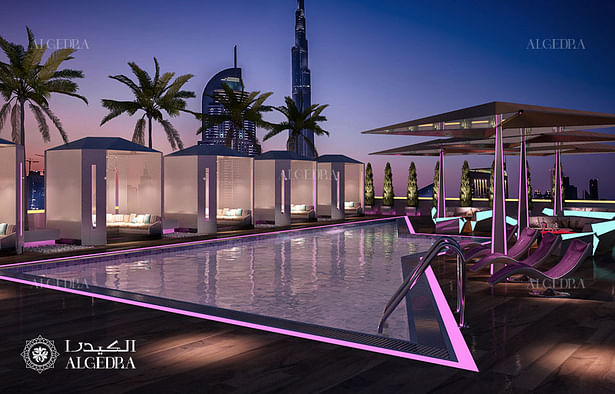 Pool with cabanas design in night venue