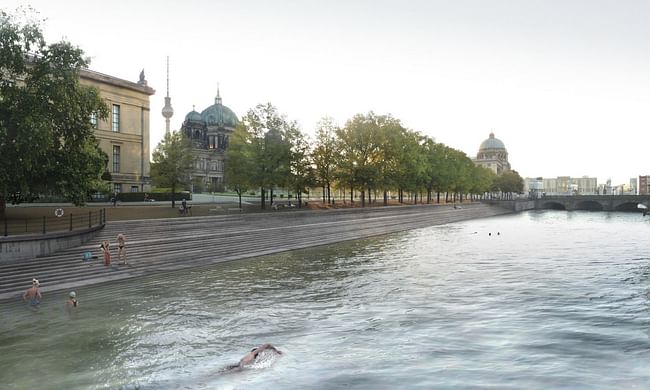 A rendering, based on a photograph by Adrian König, of realities:united's proposal to clean up a stretch of the River Spree in the center of Berlin. Credit: realities:united