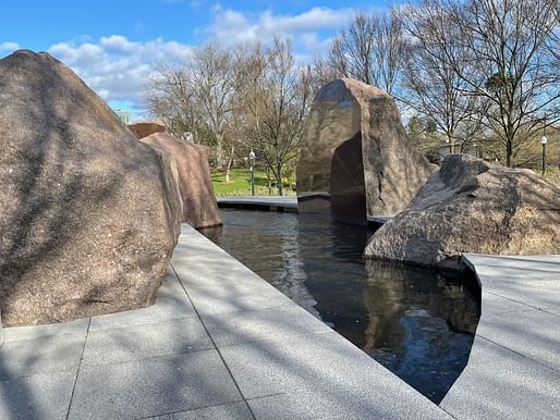 Elyn Zimmerman's Sudama sculpture, formerly known as Marabar at its original site, installed on the American University campus. Image: © Nord Wennerstrom, courtesy The Cultural Landscape Foundation