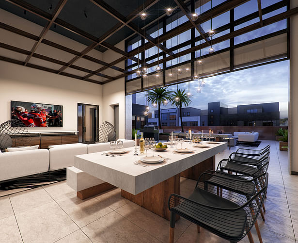 A Sky Lounge on the seventh floor of Building B boasts indoor and outdoor spaces with views of the neighborhood and of Building A across the street.
