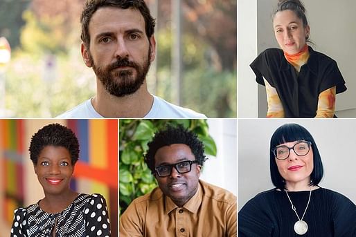 2023 Venice Biennale architecture judges Ippolito Pestellini Laparelli, Nora Akawi, Izabela Wieczorek, Tau Tavengwa, and Thelma Golden (clockwise from top left). Image: Biennale di Venezia.