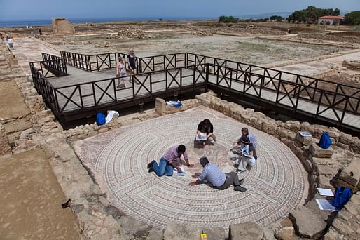 Participants in the 2014 Mosaikon course Conservation and Management of Archaeo- logical Sites with Mosaics conduct a condition survey exercise of the Achilles Mosaic at the Paphos Archeological Park, Paphos, Cyprus. Continued work at Paphos will be undertaken as part of Ancient Worlds Now. Photo courtesy The Getty
