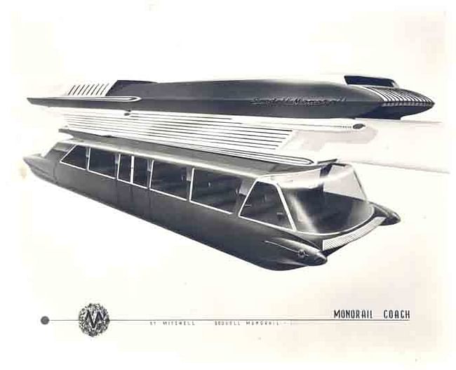 The passenger coach of the mass transit system Goodell Monorail conceptualized in 1959. 