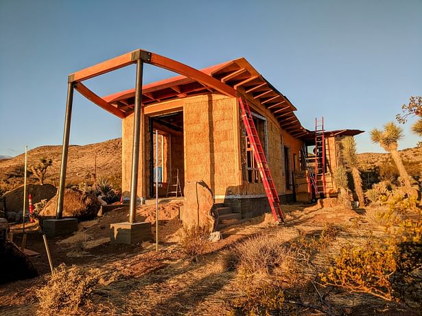 Detail of raw strawbale walls before stucco.