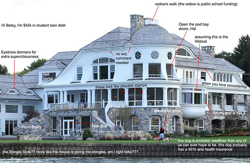 Betsy DeVos's Michigan summer mansion critiqued on McMansion Hell. Image: Kate Wagner/Advance Media/Barcroft Images.