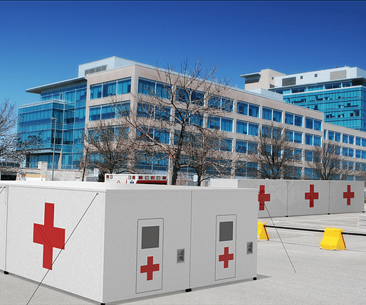 Rendering of Core Composites' Tupelo medical shelters in an office parking lot. Credit: Core Composites.