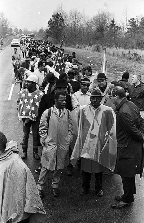 Marchers on U.S. Highway 80 during the Selma to Montgomery March. (John Lewis front row on the left). // Image by Spider Martin for the Birmingham News, courtesy of Alabama Department of Archives and History.