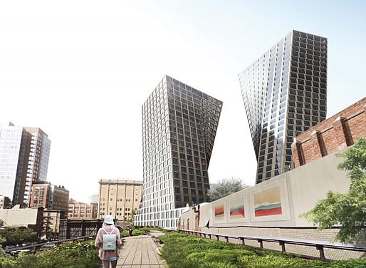Newly revealed renderings of the BIG-designed Meatpacking District towers show a number of changes to the geometry and facade since the last illustrations surfaced in November. (Image: BIG; via newyorkyimby.com)