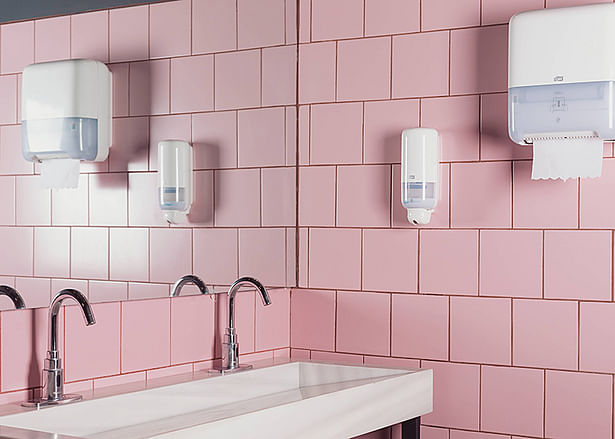 Bathroom finishes made with recycled materials found in the abandoned building.