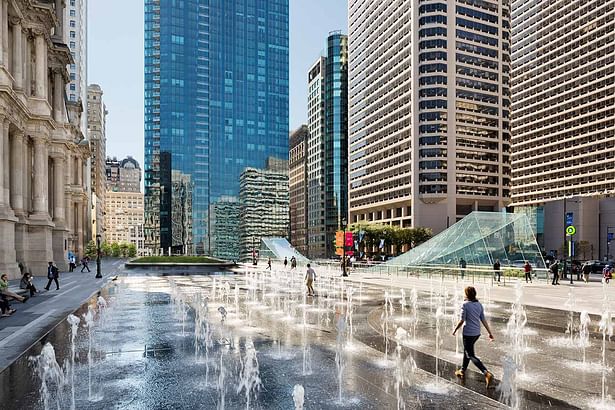 The programmable fountain can be turned partially or completely off, allowing for a broad range of civic and cultural activity, including green markets, concerts, and ice skating in winter. © James Ewing Photography