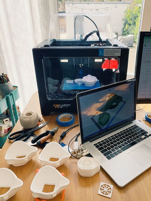 USC School of Architecture Professor Alvin Huang has a home office setup for fabricating the mask components. Photo courtesy of USC Architecture Operation PPE.