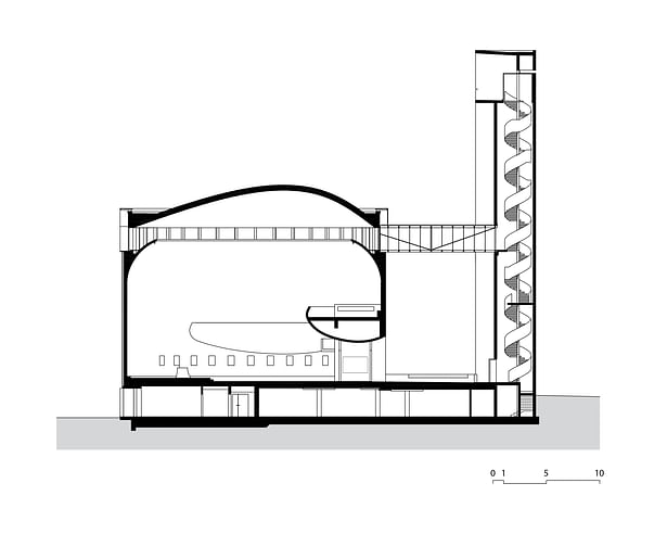 Longitudinal section of the church, bridge and the tower. /Plan Atelier Štěpán