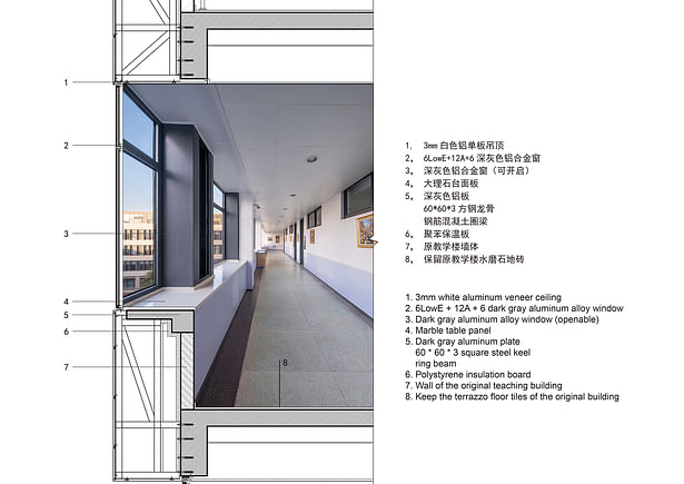The material and structure of west facade and the interior transparent visual perception.