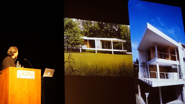 A slide comparing Mies van der Rohe's Farnsworth House with Ban's Curtain Wall House. Credit: Nicholas Korody