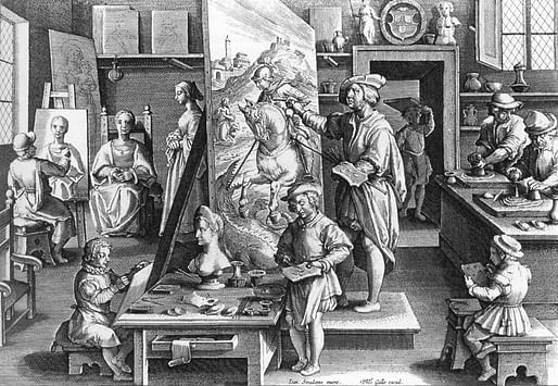 Sixteenth-century artists workshop. 1591, Copper engraving by an anonymous engraver, 20.5 x 27 cm.