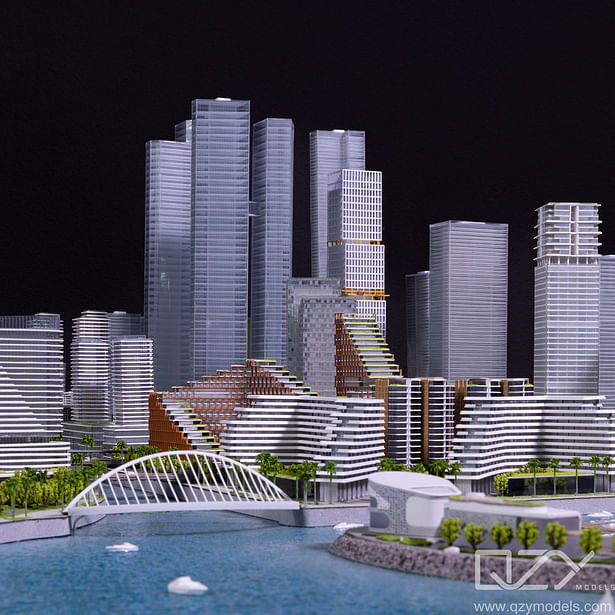 A detailed scale model of Colombo Port City by QZY Models, highlighting the intricate urban planning and architecture. This 1:1200 scale model vividly represents the future urban landscape, blending traditional craftsmanship with advanced 3D printing technology.