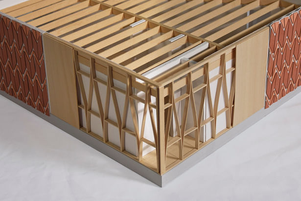 Structural model showing stretch studs, sheathing, and facade