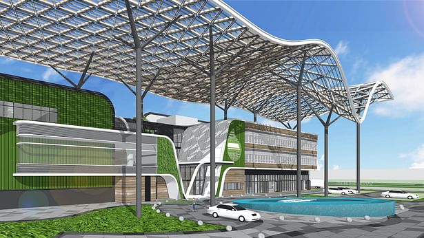 Canopies at a Carbon-Neutral Building Design project in Guangdong, China improve energy efficiency and indoor comfort by optimising exposure to sunlight.