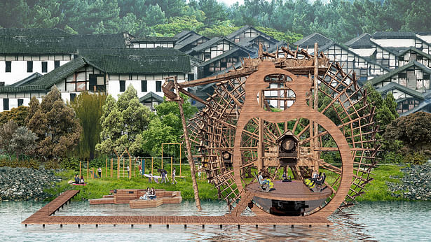 Golden Panda Waterwheel / Chuan Xi, China Golden Panda Waterwheel uses vernacular architecture to emerge in community interaction. In an abundant area with plenty of remaining local qualities, it forms an independent cultural reanimation that suits local nature and avoids the cause of negative effects to the environment. The wheel is a combination of a modular power plant and a kinetic gym in order to generate energy to their utilizers out of a green and healthy perspective. “Golden Panda...