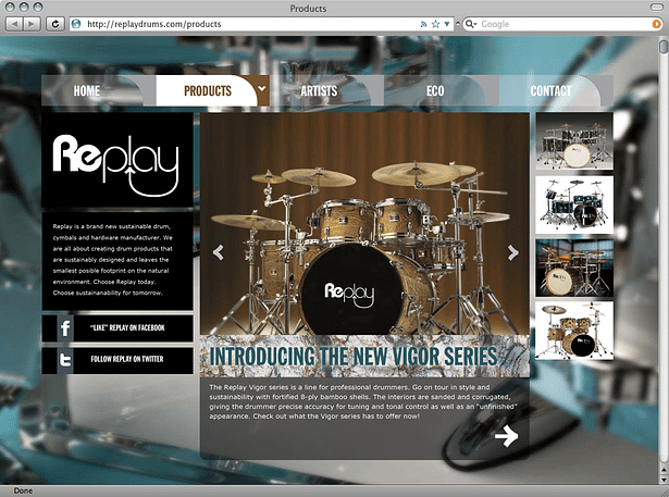 Products page displays diferent lines of drum kits. 