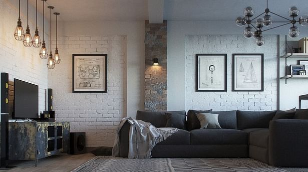 Loft living-room with grey sofa and brick wall