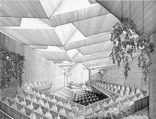 Interior perspective of Paul Rudolph's design for the modern rebuilding project (completed in 1972). Image courtesy <a href="http://www.firstchurchbostonhistory.org/presentbuilding.html">First Church Boston History</a>.