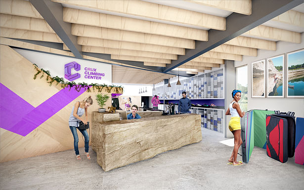 Reception for the gym is light with punches of color and a locally tailored shop for Texas' climbing needs. Also, the check-in desk will be a single, massive chunk of limestone.