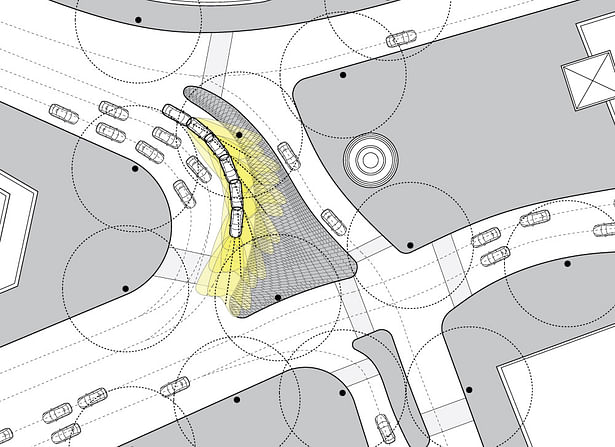 Site plan showing patterns of light and car paths.