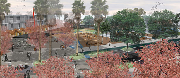 View from new library - a new series of outdoor spaces + shelters with physical and functional connections to the future library