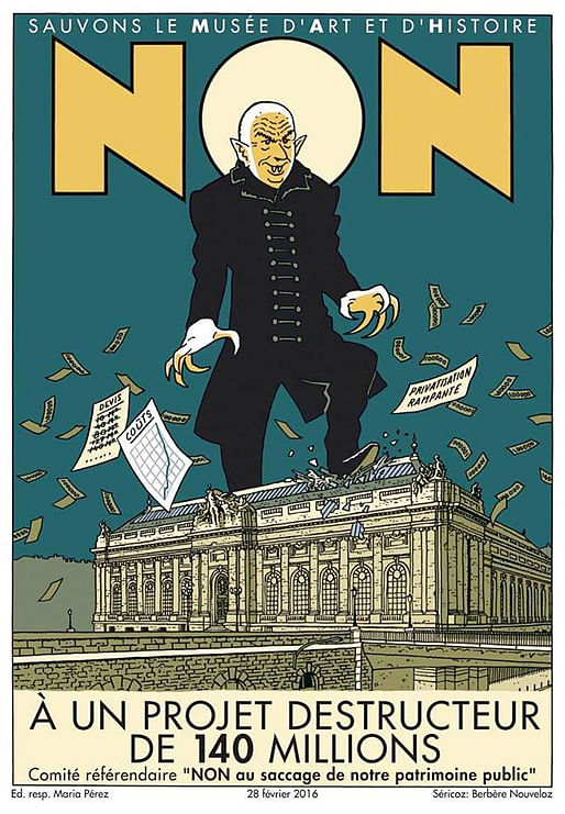 The campaign poster against Nouvel's extension plans of the Geneva Musée d’art et d’histoire makes the opposition's feelings about the architect fairly clear. 