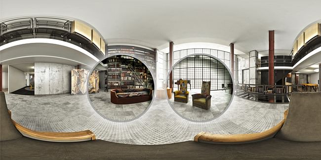 Rendering highlighting exhibited sofa and chairs, designed by Pierre Chareau, in the virtual reality context of the grand salon of the Maison de Verre. Image courtesy of Diller Scofidio + Renfro