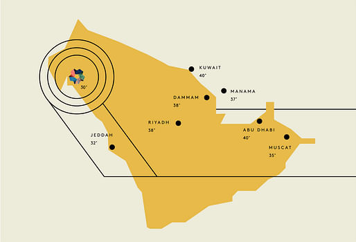 This infographic from NEOM's promo material shows the future city's location by the Red Sea (in close proximity to Egypt and Jordan) and praises the area's considerably cooler temperatures as a selling point. Image via discoverneom.com.