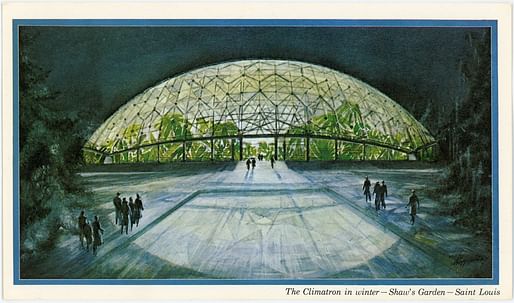 Unknown artist. “The Climatron in winter–Shaw’s Garden–Saint Louis.” c. 1960. Postcard. 4 × 8″ (10.2 × 20.3 cm). The Missouri Botanical Garden Archives/Courtesy of MoMA.