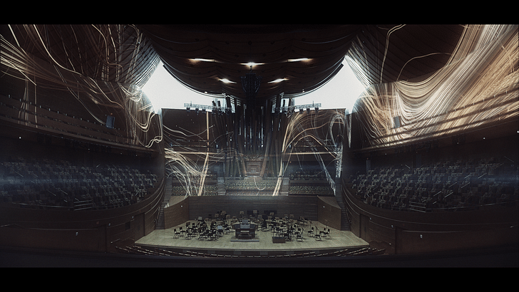 Rendering of the interior of the hall with Anadol's videos. Courtesy of the Philharmonic