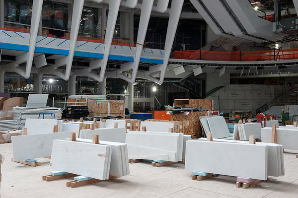 Marble floor panels being installed in the transportation center. It is expected to open in the first half of 2016, an official said. Credit Bryan Thomas for The New York Times