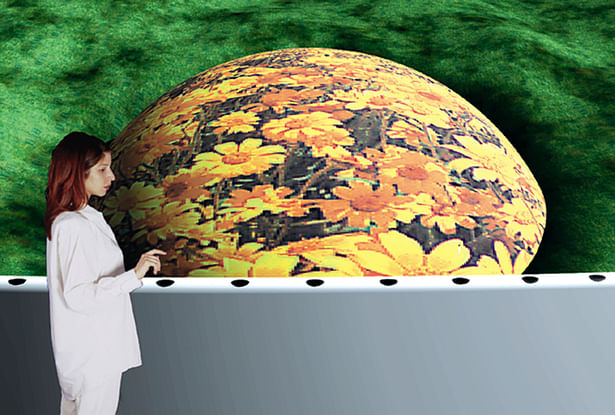 A visitor interacts with the Earth Pavilions display screen.