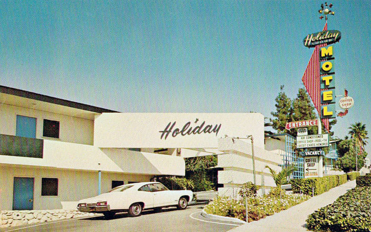 An old postcard from the Holiday Lodge Motel, which is located near LA's MacArthur Park and is a great example of the city's midcentury vernacular. Credit: lileks.com