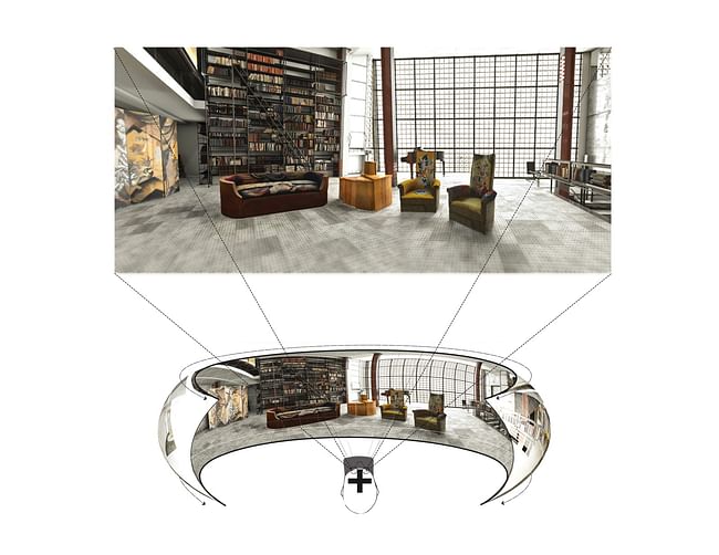 Rendering of the grand salon of Maison de Verre, as seen through a virtual reality headset, with exhibited Chareau-designed furniture in virtual context. Image courtesy of Diller Scofidio + Renfro